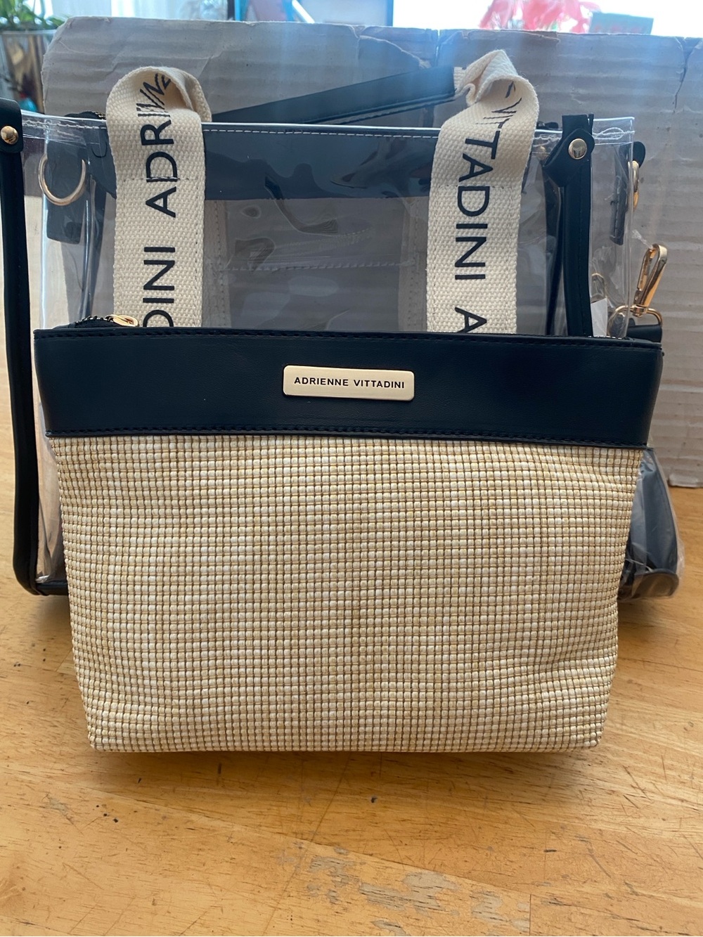 Adrienne Vittadini 2 bag set Clear cross body w handles & Beige Woven clutch NWT - Picture 6 of 11